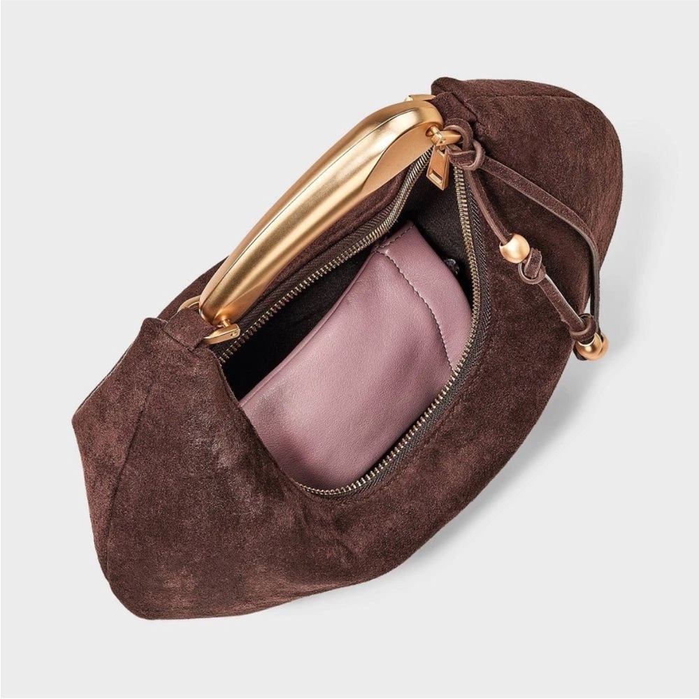 A NEW DAY NWT faux suede Metal Handle Crescent Saddle Handbag -brown - Picture 4 of 7